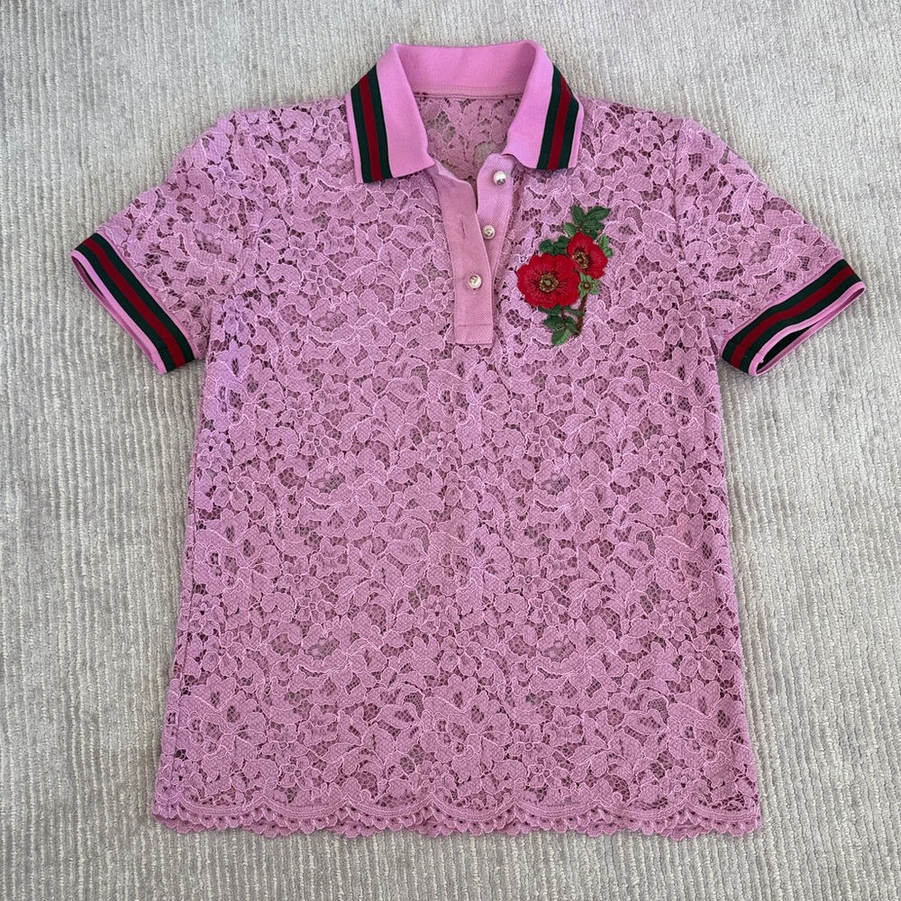Gucci Pink Lace Polo with Floral Embroidery